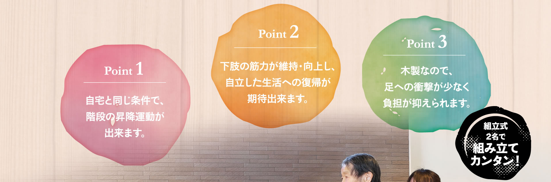 Point1:自宅と同じ条件で、階段の昇降運動が出来ます。／Point2：下肢の筋力が維持・上し、自立した生活への復帰が期待出来ます。／Point3：木製なので、足への衝撃が少なく負担が抑えられます。